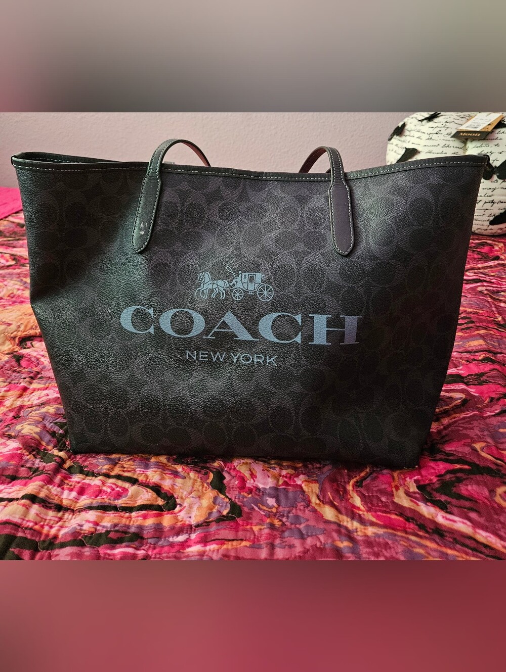 Coach Midnight Navy Signature Tote with Pale Blue Logo